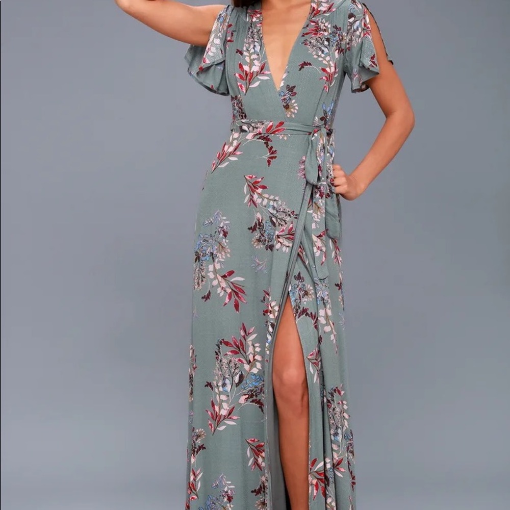 Lulu’s Fiorire Slate Blue Floral Print Wrap Maxi Dress - M